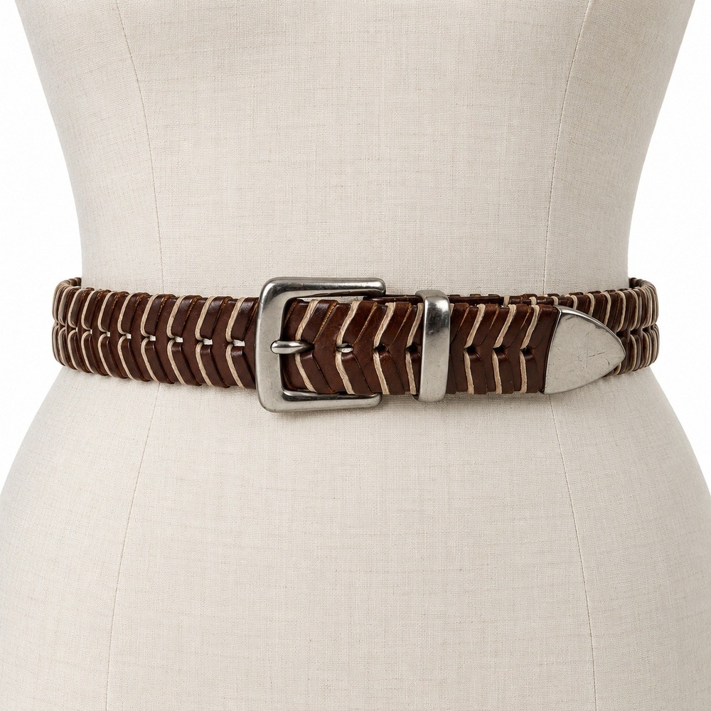 Tommy Bahama Leather Woven Belt 42 Brown Chevron Braided Solid Brass B7567